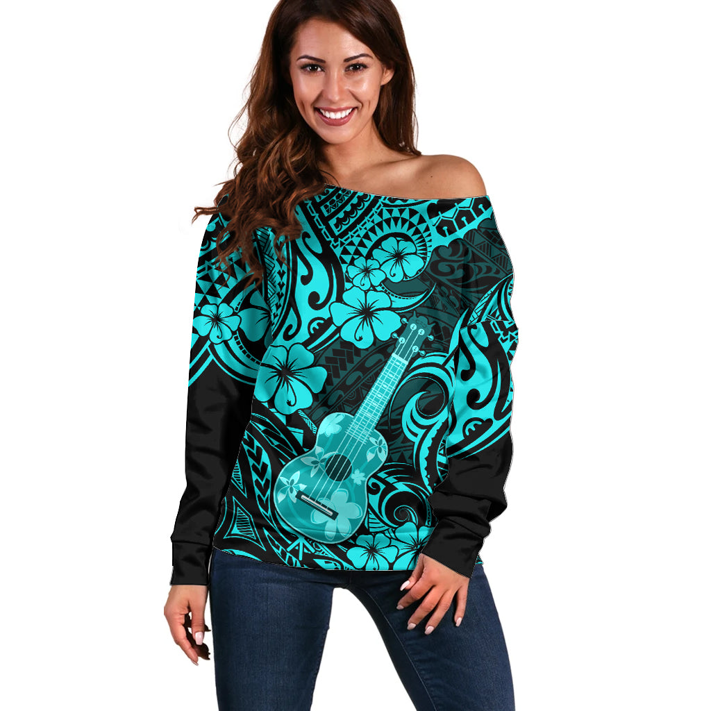 Hawaii Ukulele Off Shoulder Sweater Polynesian Pattern Turquoise Version LT01 Women Turquoise - Polynesian Pride