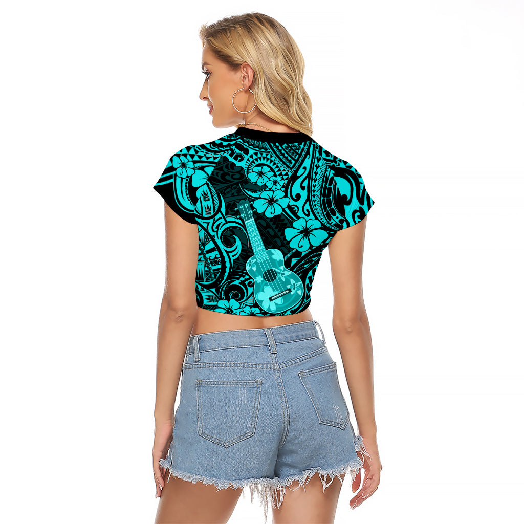 Hawaii Ukulele Raglan Cropped T Shirt Polynesian Pattern Turquoise Version LT01 - Polynesian Pride