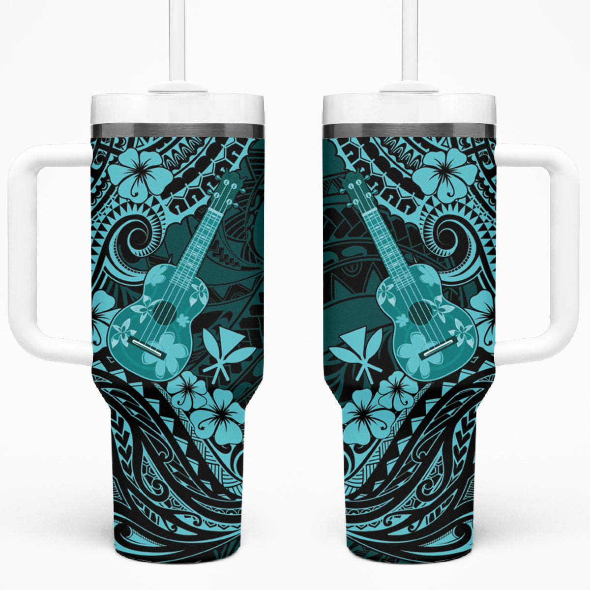 Hawaii Ukulele Tumbler With Handle Polynesian Pattern Turquoise Version