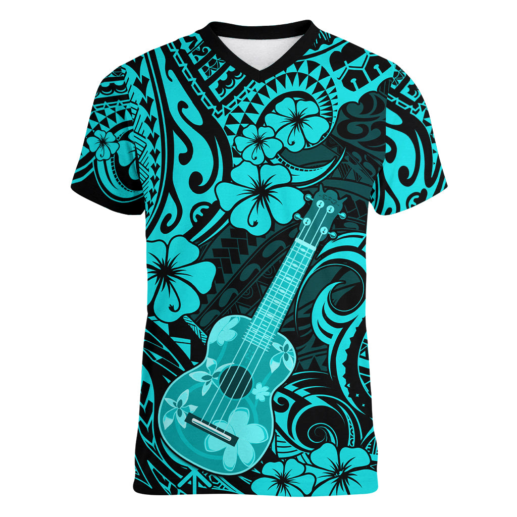 Hawaii Ukulele Women V Neck T Shirt Polynesian Pattern Turquoise Version LT01 Female Turquoise - Polynesian Pride