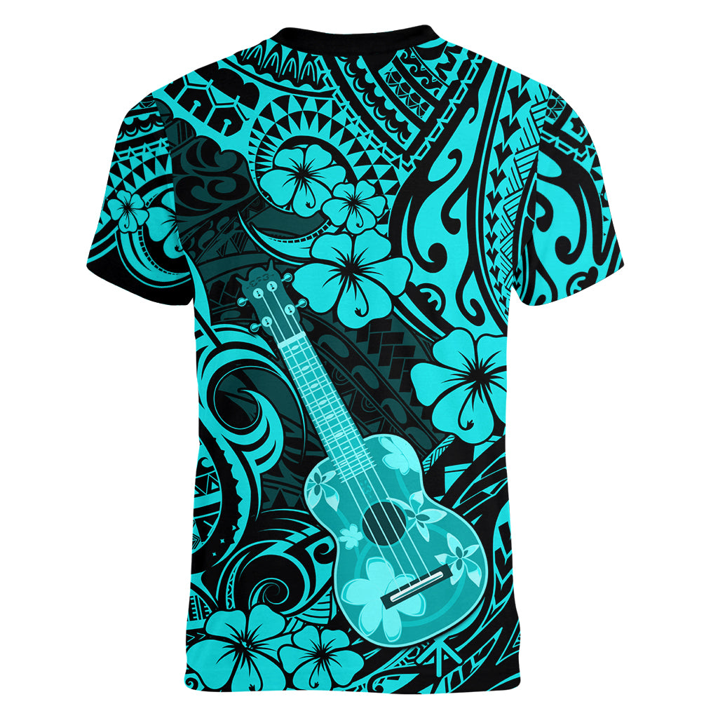 Hawaii Ukulele Women V Neck T Shirt Polynesian Pattern Turquoise Version LT01 - Polynesian Pride