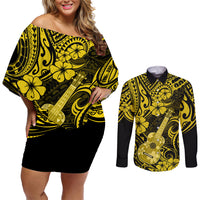 Hawaii Ukulele Couples Matching Off Shoulder Short Dress and Long Sleeve Button Shirts Polynesian Pattern Yellow Version LT01 Yellow - Polynesian Pride