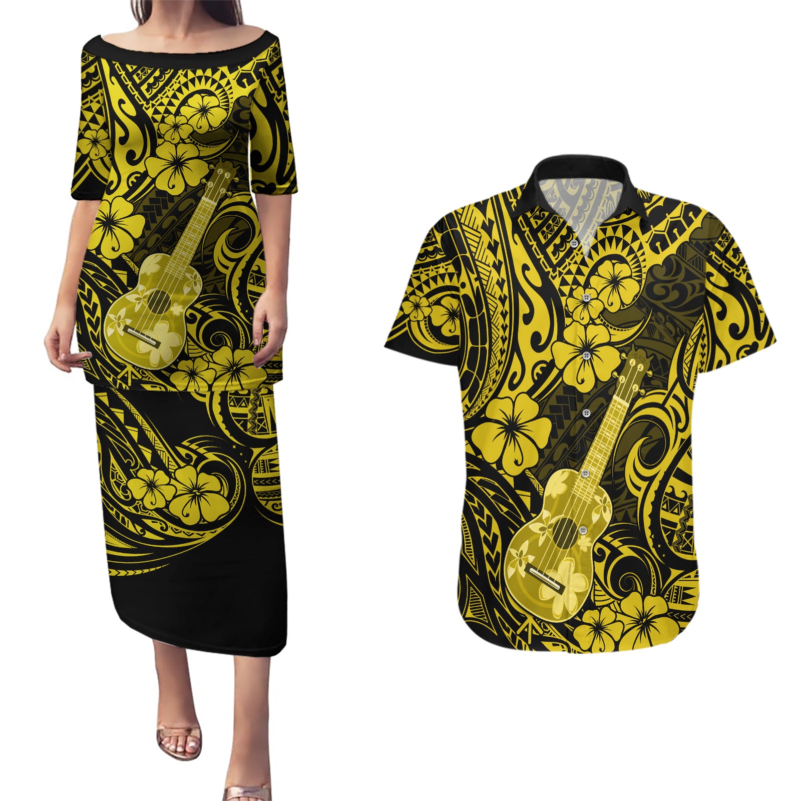 Hawaii Ukulele Couples Matching Puletasi Dress and Hawaiian Shirt Polynesian Pattern Yellow Version LT01 Yellow - Polynesian Pride