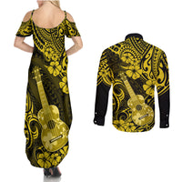 Hawaii Ukulele Couples Matching Summer Maxi Dress and Long Sleeve Button Shirts Polynesian Pattern Yellow Version LT01 - Polynesian Pride
