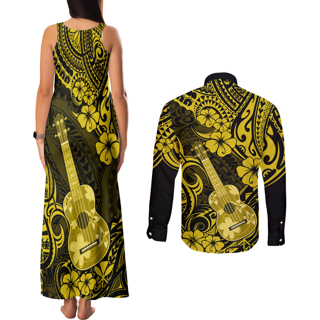 Hawaii Ukulele Couples Matching Tank Maxi Dress and Long Sleeve Button Shirts Polynesian Pattern Yellow Version LT01 - Polynesian Pride