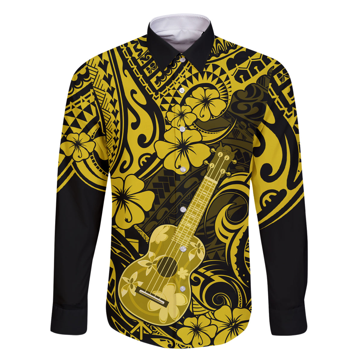 Hawaii Ukulele Family Matching Long Sleeve Bodycon Dress and Hawaiian Shirt Polynesian Pattern Yellow Version LT01 Dad's Shirt - Long Sleeve Yellow - Polynesian Pride