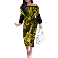 Hawaii Ukulele Family Matching Off Shoulder Long Sleeve Dress and Hawaiian Shirt Polynesian Pattern Yellow Version LT01 Mom's Dress Yellow - Polynesian Pride