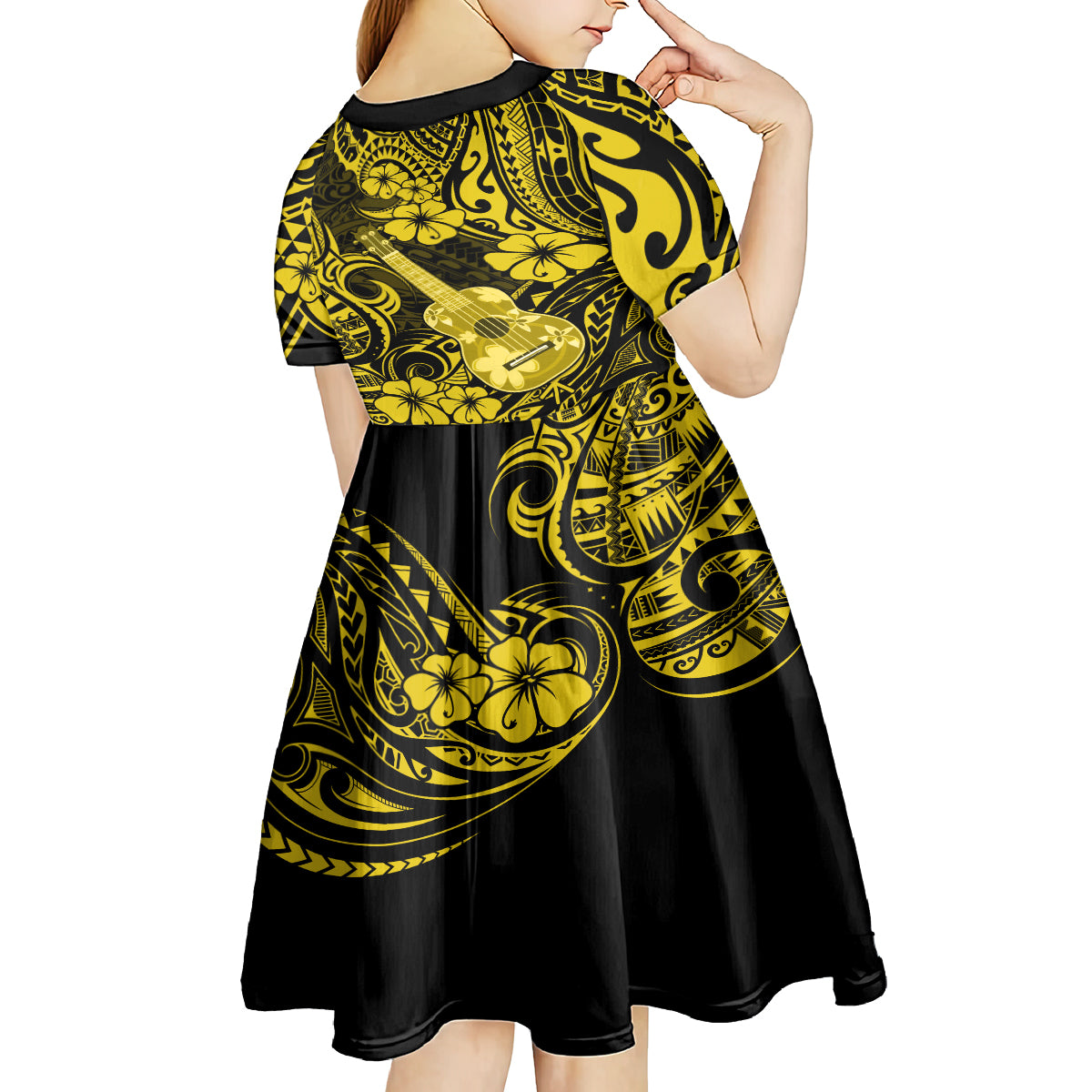 Hawaii Ukulele Kid Short Sleeve Dress Polynesian Pattern Yellow Version LT01 - Polynesian Pride
