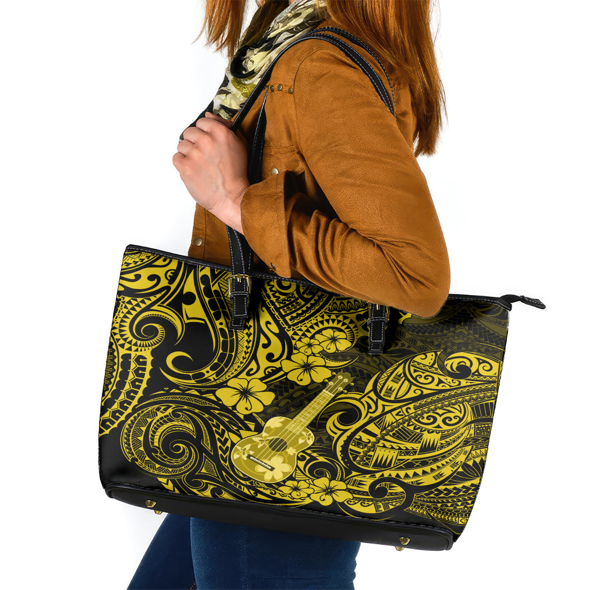 Hawaii Ukulele Leather Tote Bag Polynesian Pattern Yellow Version LT01 Yellow - Polynesian Pride