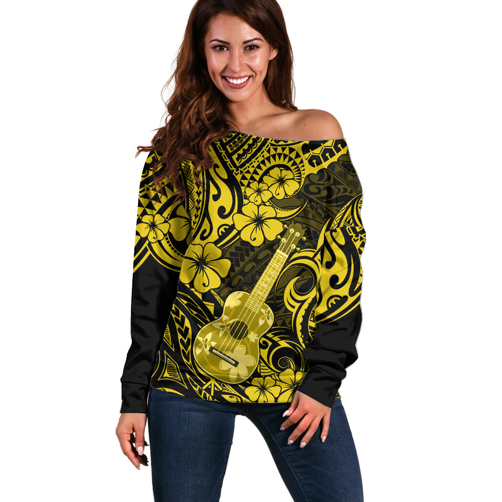 Hawaii Ukulele Off Shoulder Sweater Polynesian Pattern Yellow Version LT01 Women Yellow - Polynesian Pride