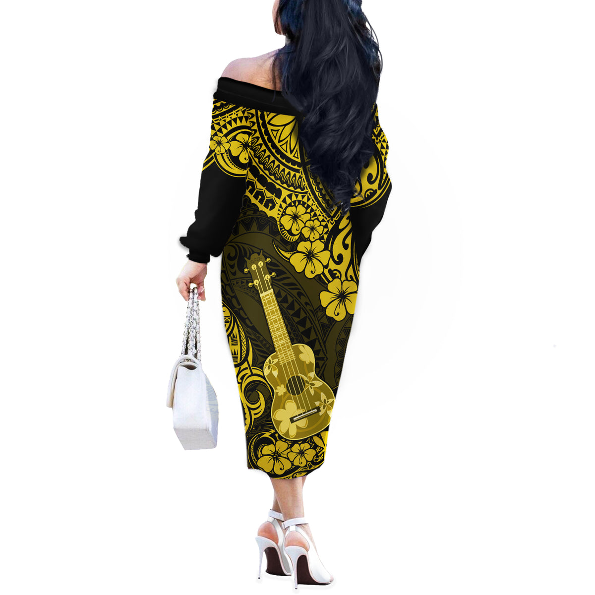 Hawaii Ukulele Off The Shoulder Long Sleeve Dress Polynesian Pattern Yellow Version LT01 - Polynesian Pride