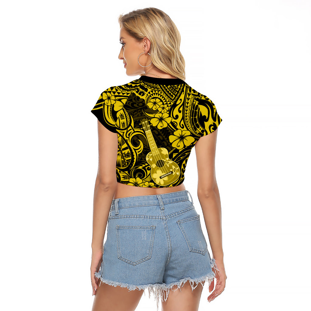 Hawaii Ukulele Raglan Cropped T Shirt Polynesian Pattern Yellow Version LT01 - Polynesian Pride