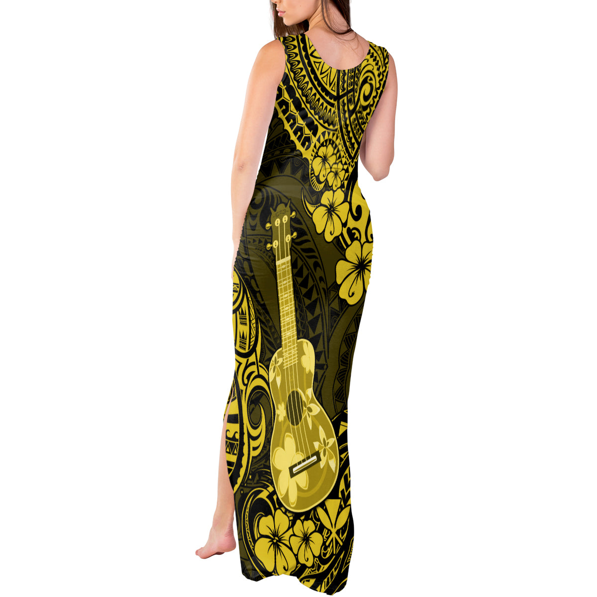 Hawaii Ukulele Tank Maxi Dress Polynesian Pattern Yellow Version LT01 - Polynesian Pride