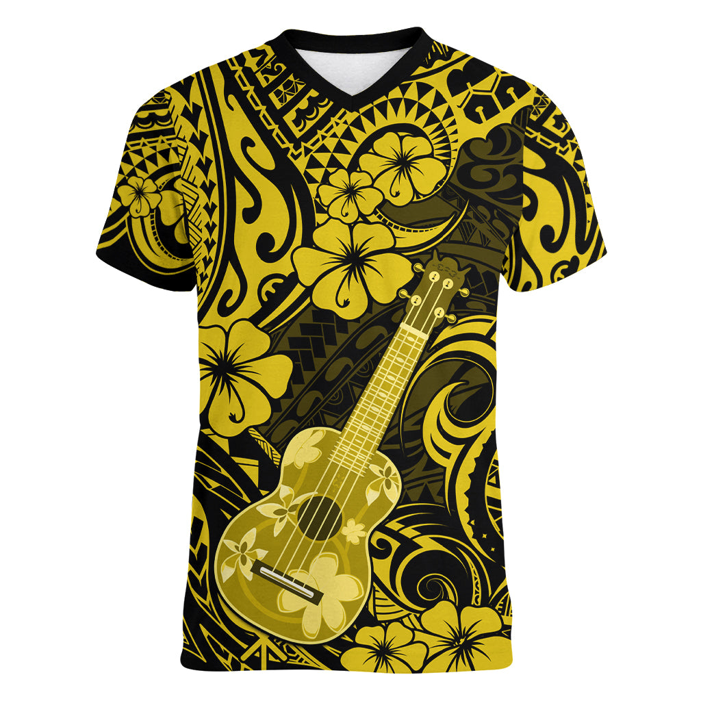 Hawaii Ukulele Women V Neck T Shirt Polynesian Pattern Yellow Version LT01 Female Yellow - Polynesian Pride