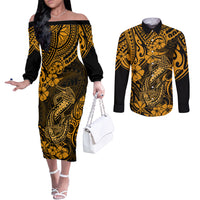 Hawaii Fish Hook Couples Matching Off The Shoulder Long Sleeve Dress and Long Sleeve Button Shirts Polynesian Pattern Gold Version LT01 Gold - Polynesian Pride