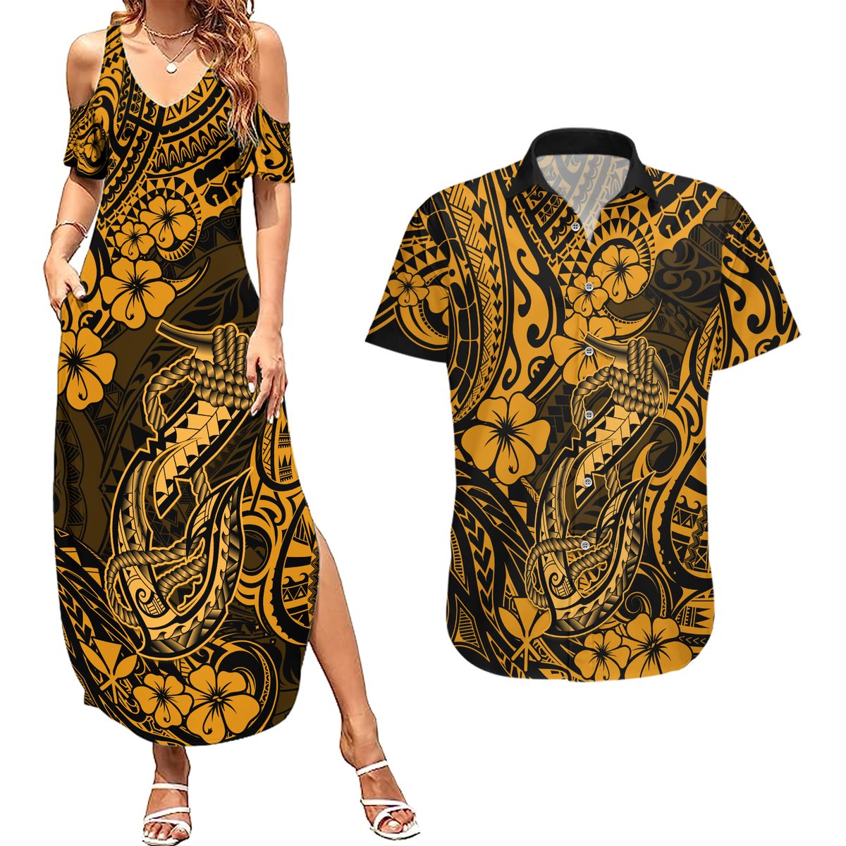 Hawaii Fish Hook Couples Matching Summer Maxi Dress and Hawaiian Shirt Polynesian Pattern Gold Version LT01 Gold - Polynesian Pride