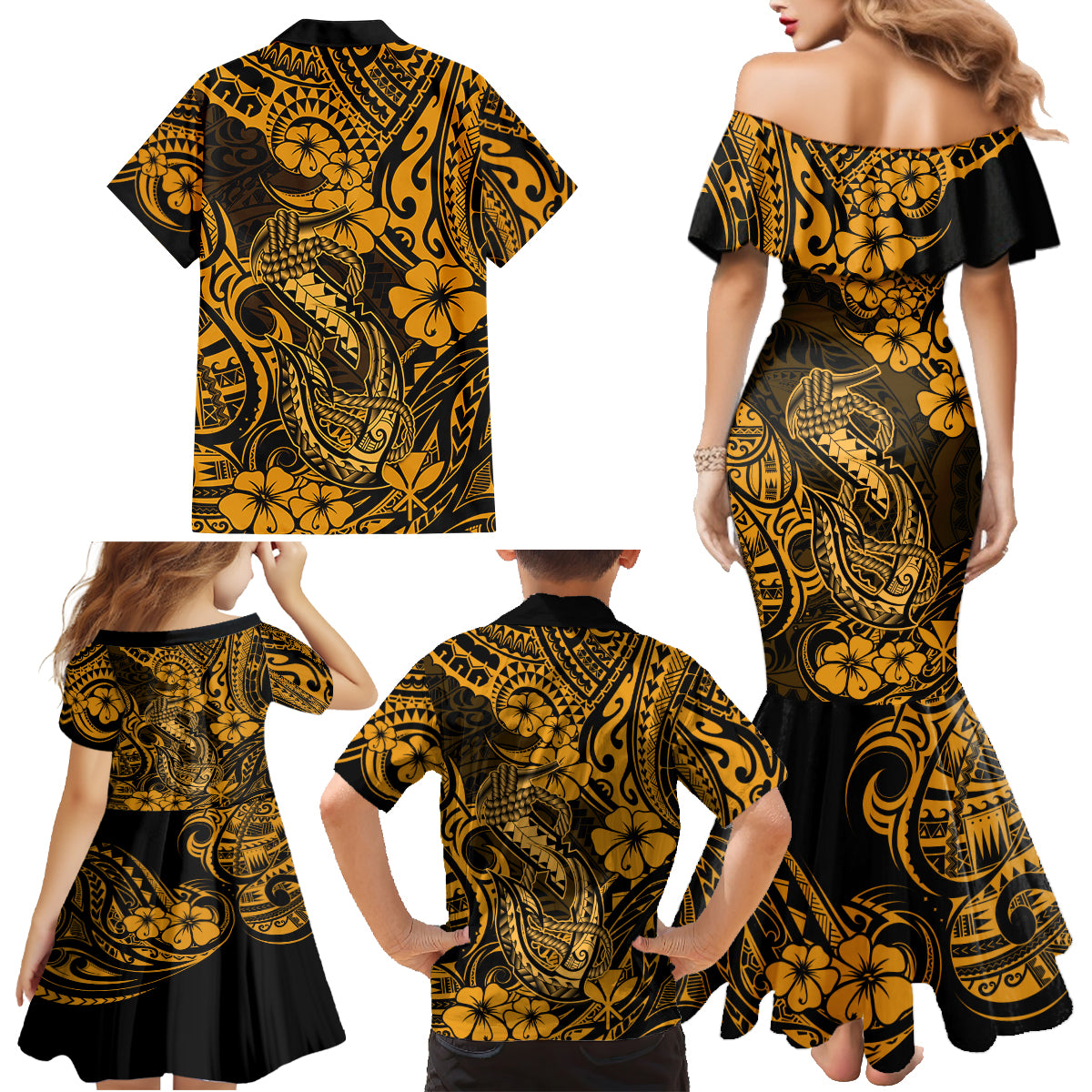 Hawaii Fish Hook Family Matching Mermaid Dress and Hawaiian Shirt Polynesian Pattern Gold Version LT01 - Polynesian Pride