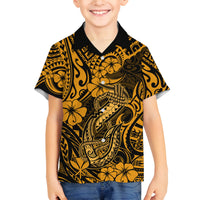 Hawaii Fish Hook Family Matching Off Shoulder Long Sleeve Dress and Hawaiian Shirt Polynesian Pattern Gold Version LT01 Son's Shirt Gold - Polynesian Pride
