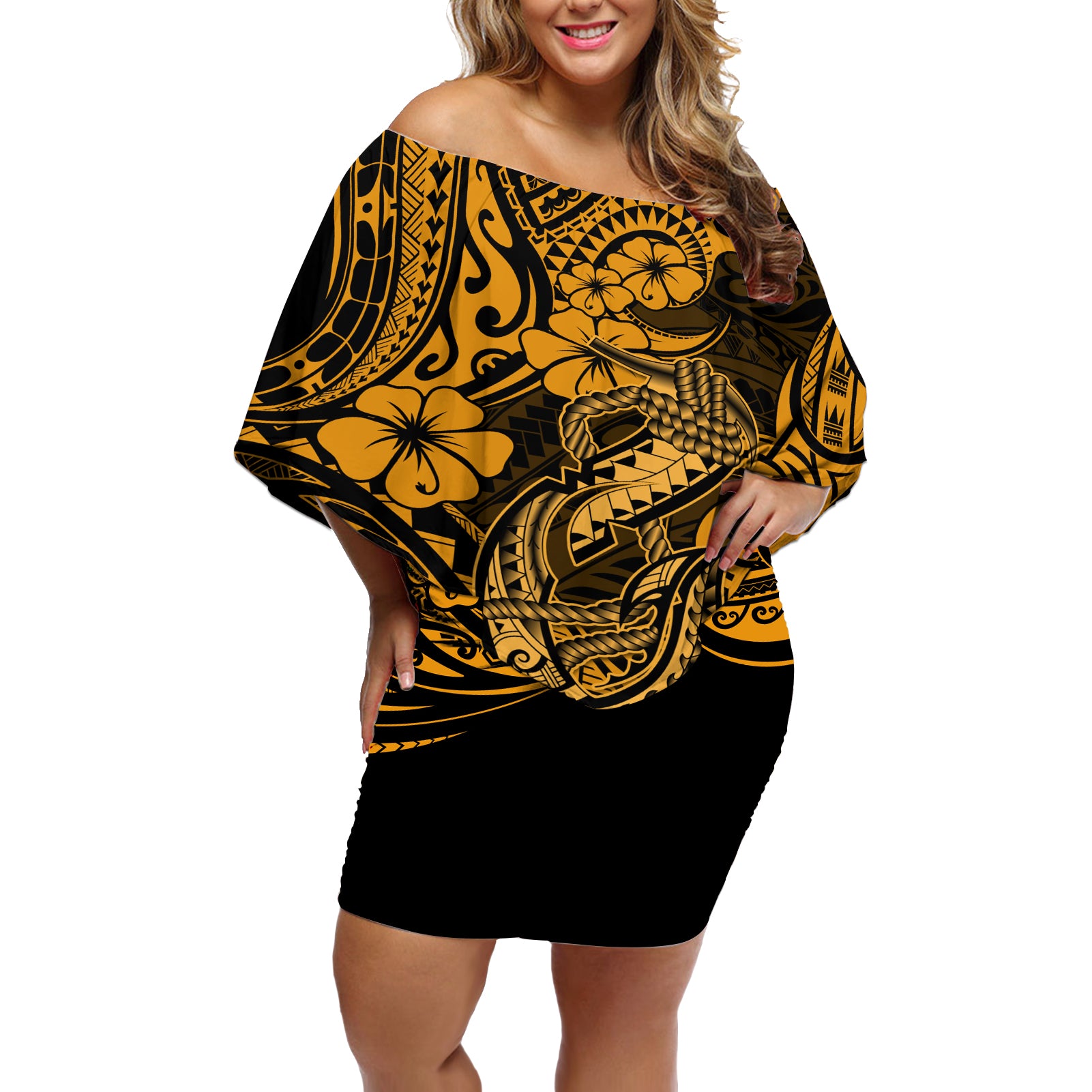 Hawaii Fish Hook Off Shoulder Short Dress Polynesian Pattern Gold Version LT01 Women Gold - Polynesian Pride