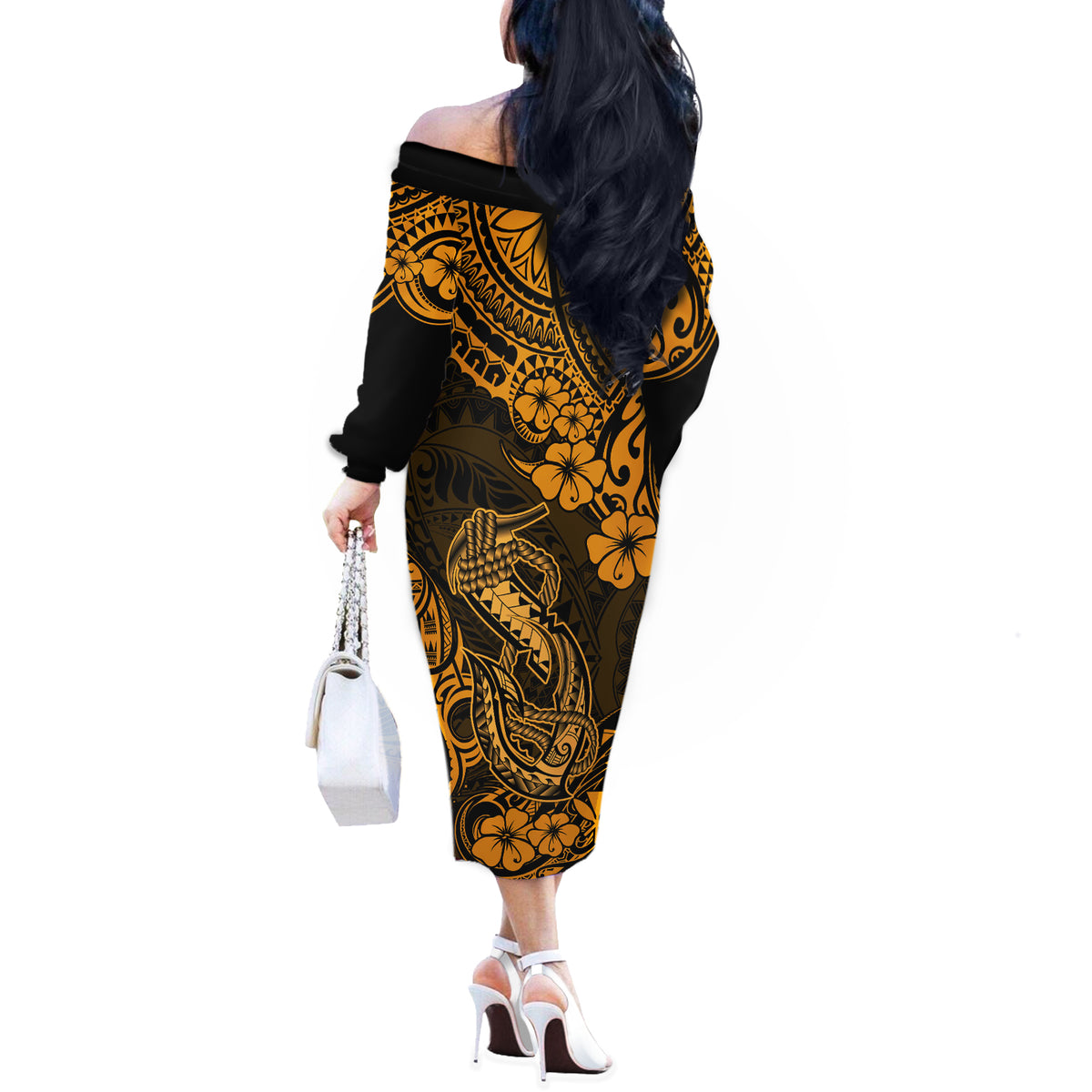 Hawaii Fish Hook Off The Shoulder Long Sleeve Dress Polynesian Pattern Gold Version LT01 - Polynesian Pride