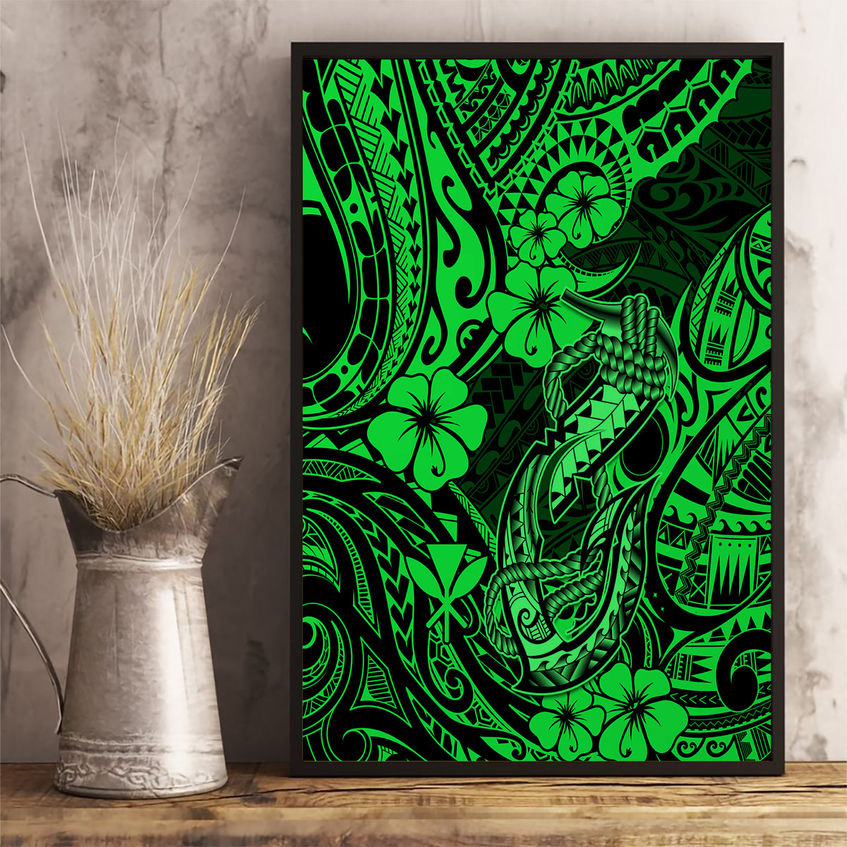 Hawaii Fish Hook Canvas Wall Art Polynesian Pattern Green Version LT01 - Polynesian Pride
