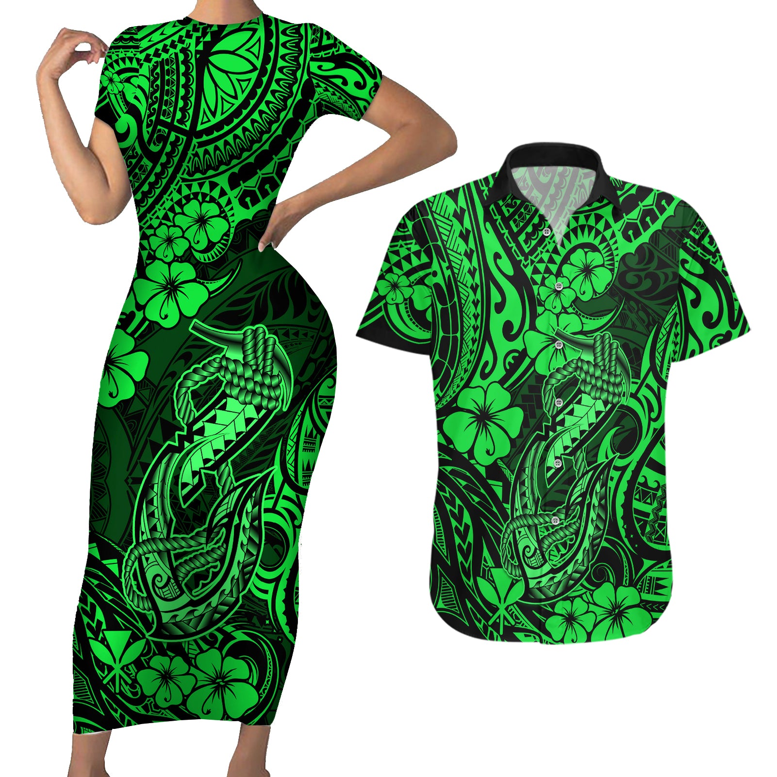 Hawaii Fish Hook Couples Matching Short Sleeve Bodycon Dress and Hawaiian Shirt Polynesian Pattern Green Version LT01 Green - Polynesian Pride