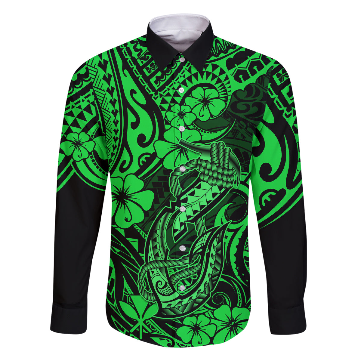 Hawaii Fish Hook Family Matching Off Shoulder Maxi Dress and Hawaiian Shirt Polynesian Pattern Green Version LT01 Dad's Shirt - Long Sleeve Green - Polynesian Pride