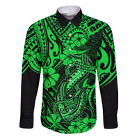 Hawaii Fish Hook Family Matching Off Shoulder Maxi Dress and Hawaiian Shirt Polynesian Pattern Green Version LT01 Dad's Shirt - Long Sleeve Green - Polynesian Pride