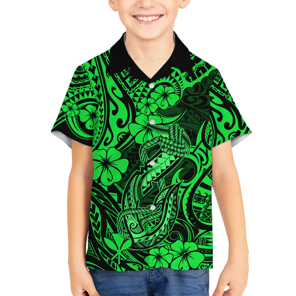 Hawaii Fish Hook Family Matching Off Shoulder Maxi Dress and Hawaiian Shirt Polynesian Pattern Green Version LT01 Son's Shirt Green - Polynesian Pride