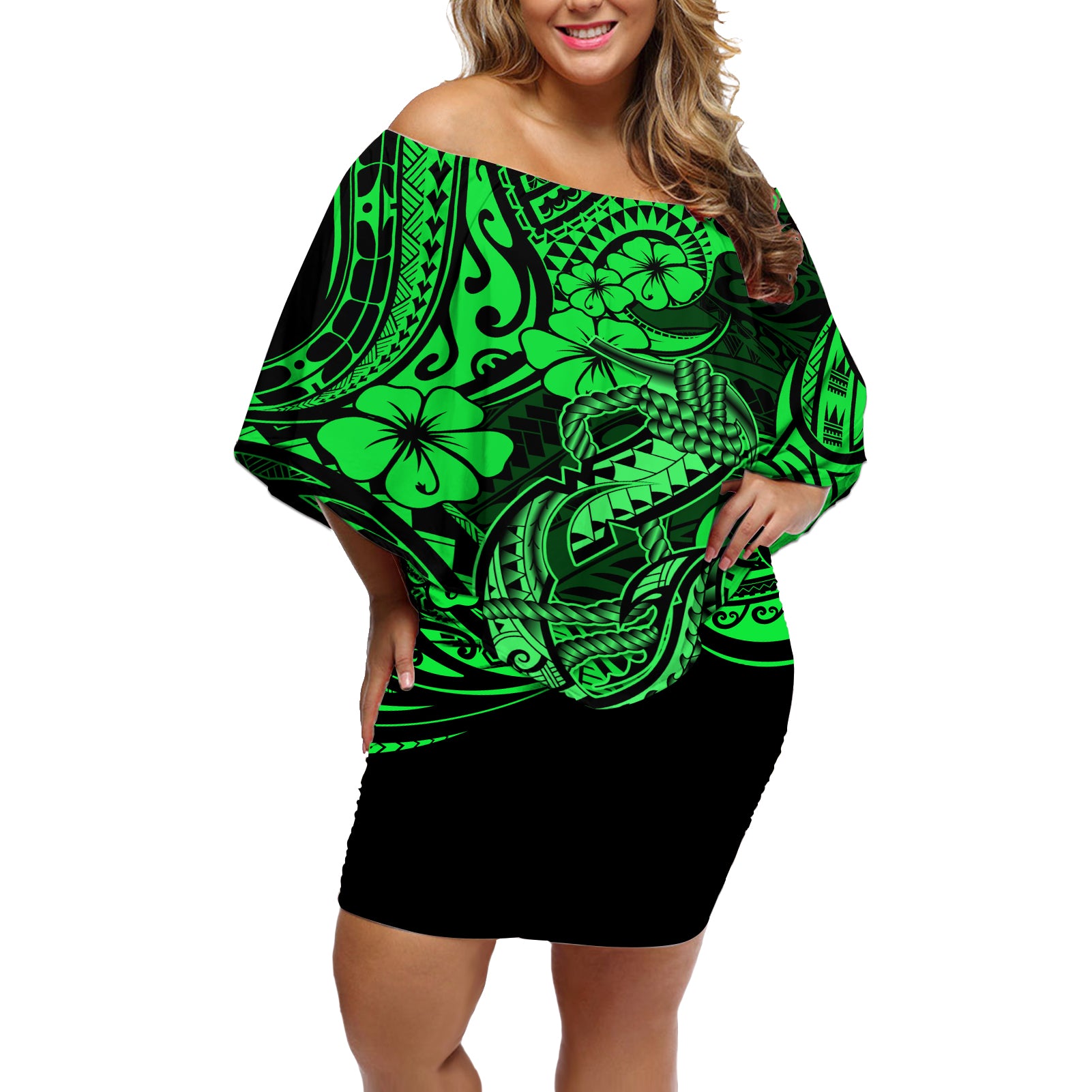 Hawaii Fish Hook Off Shoulder Short Dress Polynesian Pattern Green Version LT01 Women Green - Polynesian Pride