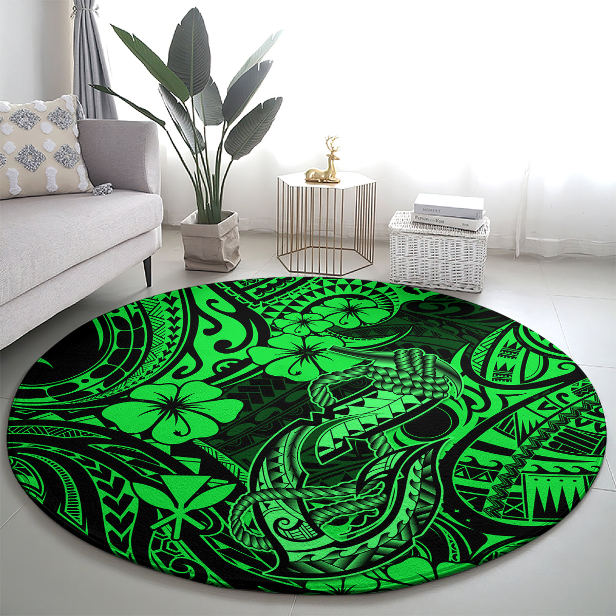 Hawaii Fish Hook Round Carpet Polynesian Pattern Green Version LT01 - Polynesian Pride
