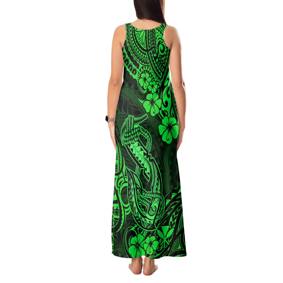 Hawaii Fish Hook Tank Maxi Dress Polynesian Pattern Green Version LT01 - Polynesian Pride