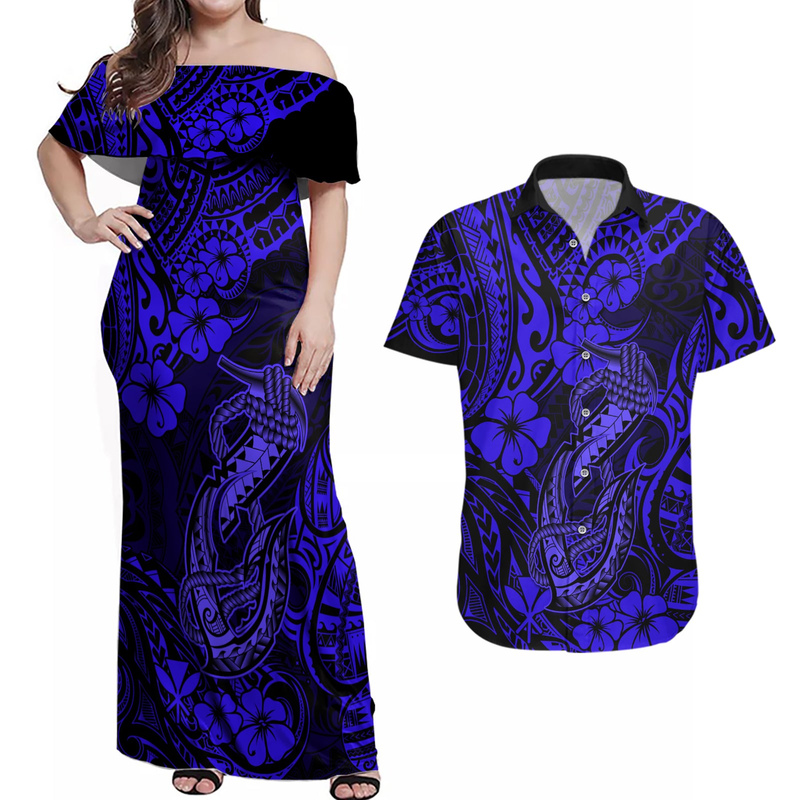 Hawaii Fish Hook Couples Matching Off Shoulder Maxi Dress and Hawaiian Shirt Polynesian Pattern Navy Blue Version LT01 Blue - Polynesian Pride