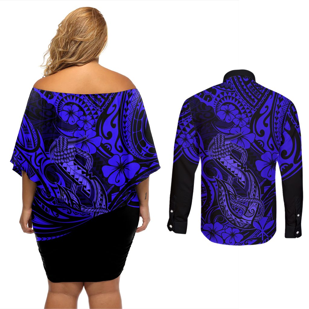 Hawaii Fish Hook Couples Matching Off Shoulder Short Dress and Long Sleeve Button Shirts Polynesian Pattern Navy Blue Version LT01 - Polynesian Pride