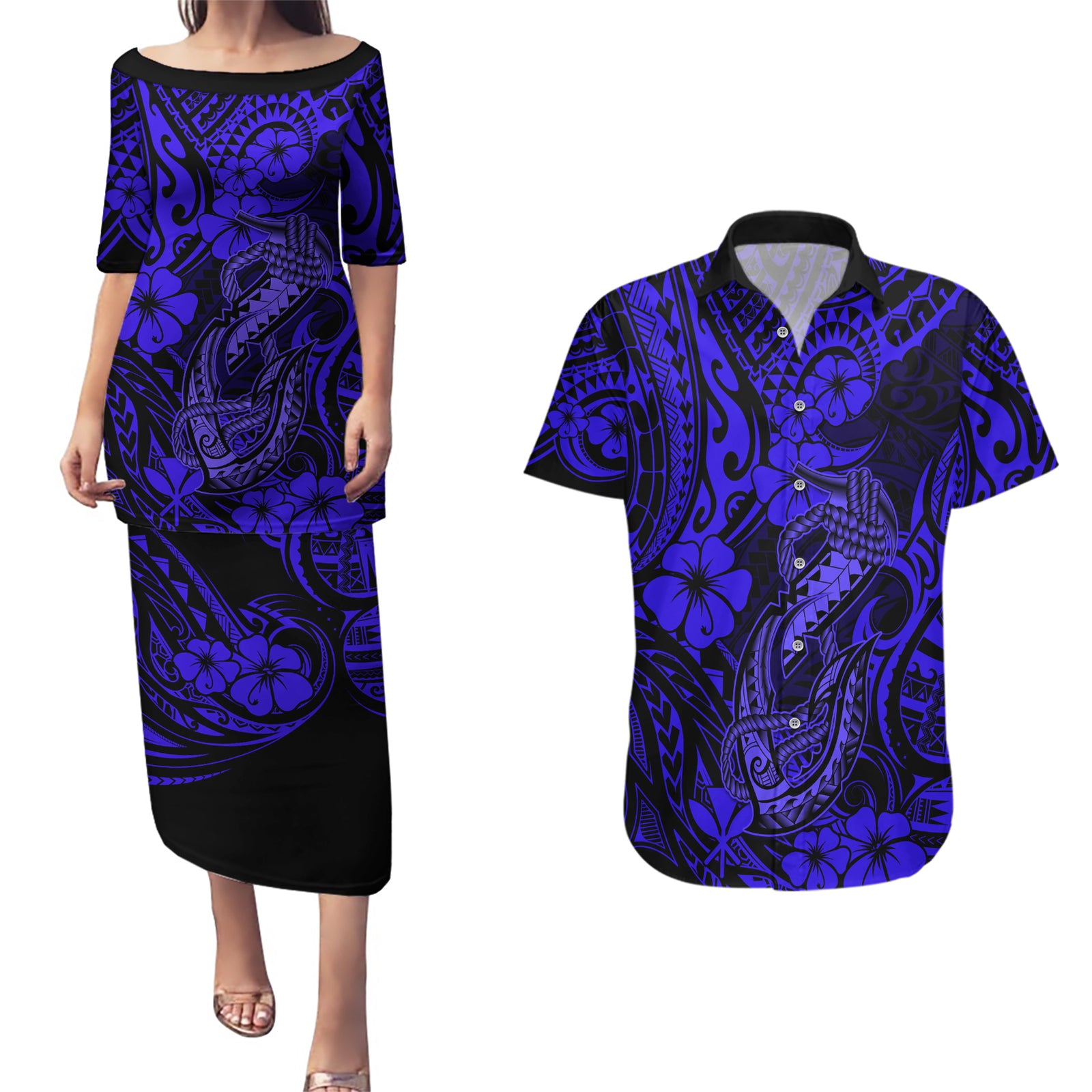 Hawaii Fish Hook Couples Matching Puletasi Dress and Hawaiian Shirt Polynesian Pattern Navy Blue Version LT01 Blue - Polynesian Pride
