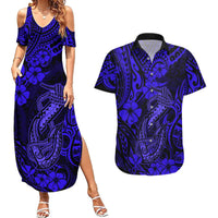 Hawaii Fish Hook Couples Matching Summer Maxi Dress and Hawaiian Shirt Polynesian Pattern Navy Blue Version LT01 Blue - Polynesian Pride