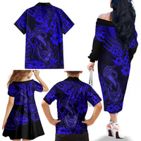 Hawaii Fish Hook Family Matching Off Shoulder Long Sleeve Dress and Hawaiian Shirt Polynesian Pattern Navy Blue Version LT01 - Polynesian Pride