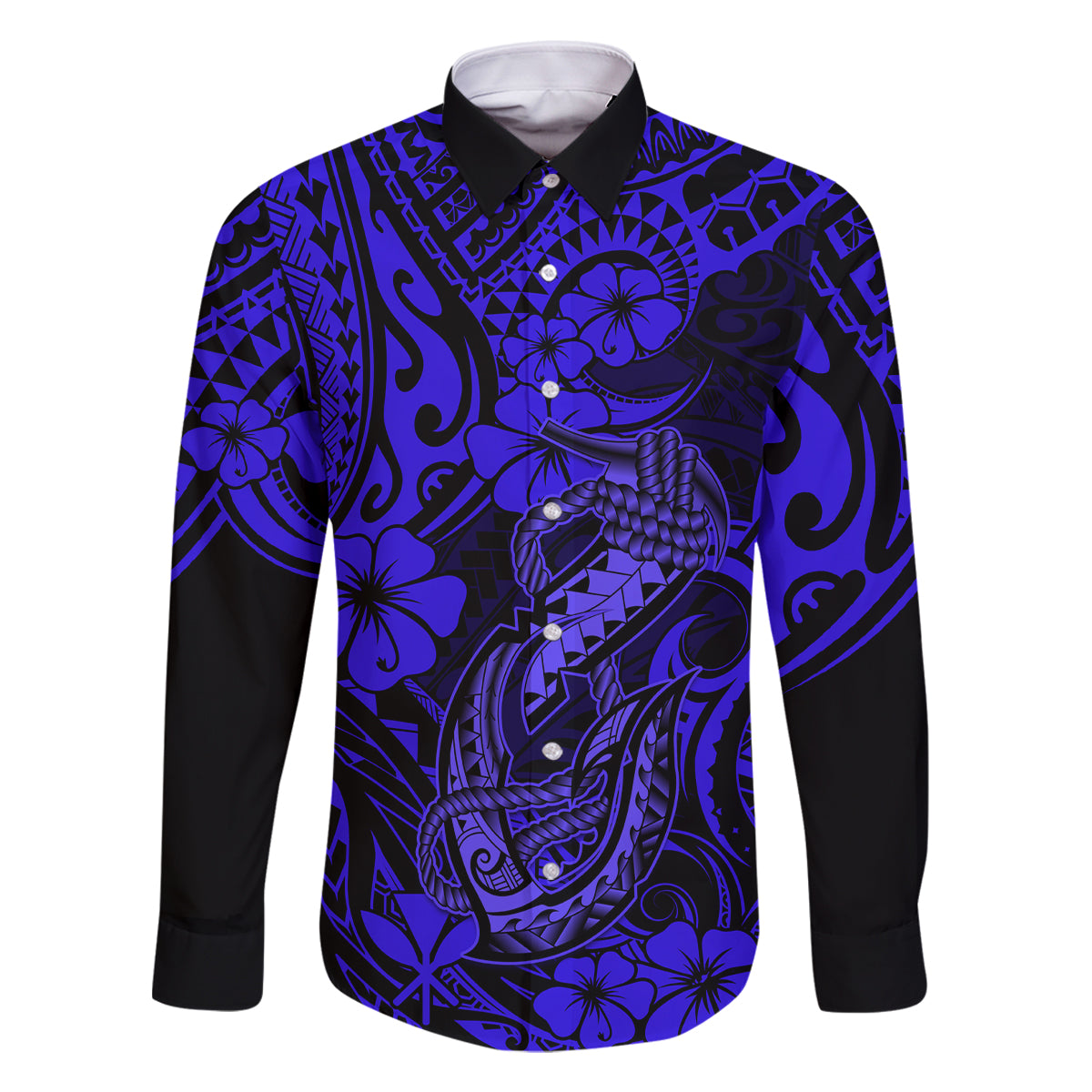 Hawaii Fish Hook Family Matching Off Shoulder Long Sleeve Dress and Hawaiian Shirt Polynesian Pattern Navy Blue Version LT01 Dad's Shirt - Long Sleeve Blue - Polynesian Pride