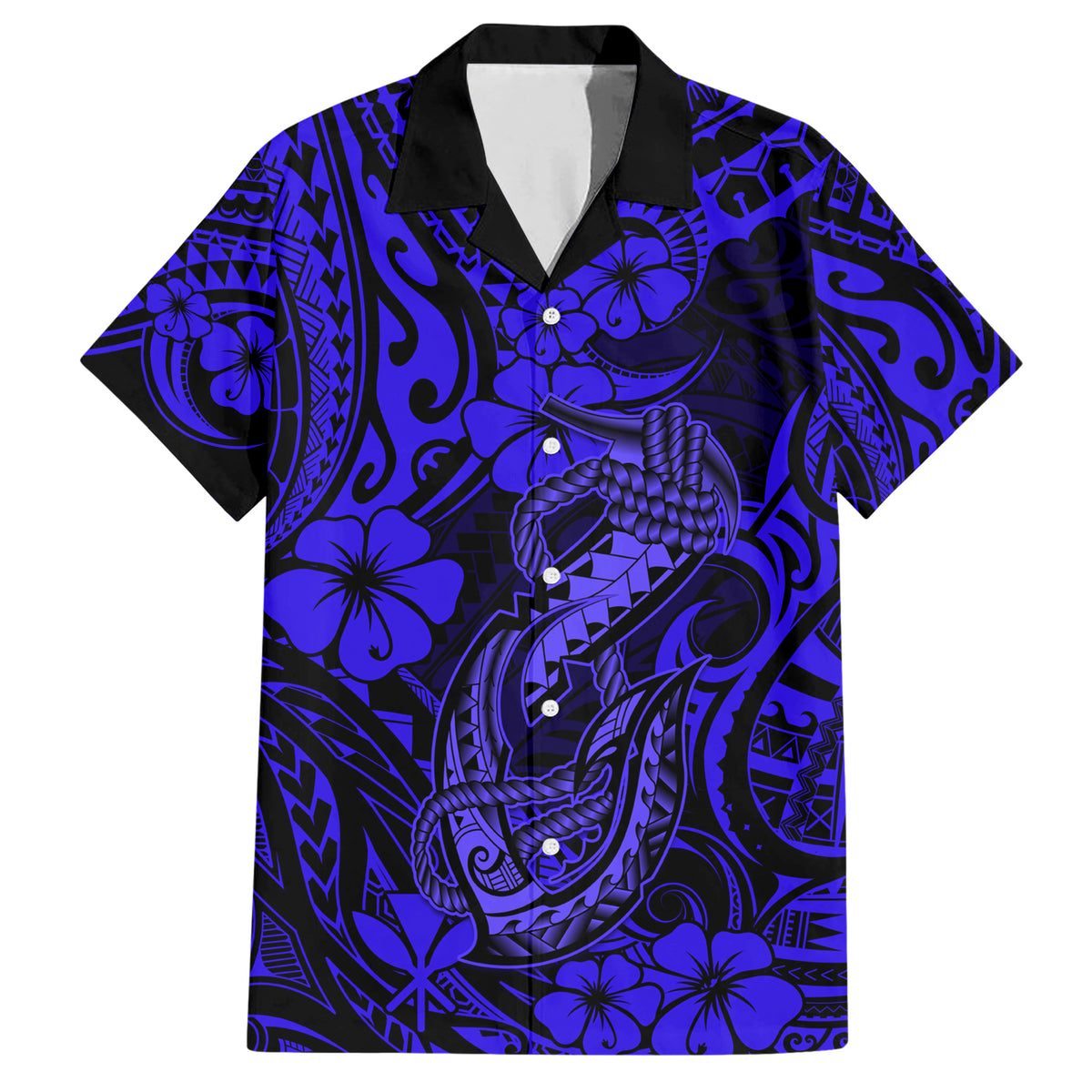 Hawaii Fish Hook Family Matching Short Sleeve Bodycon Dress and Hawaiian Shirt Polynesian Pattern Navy Blue Version LT01 Dad's Shirt - Short Sleeve Blue - Polynesian Pride