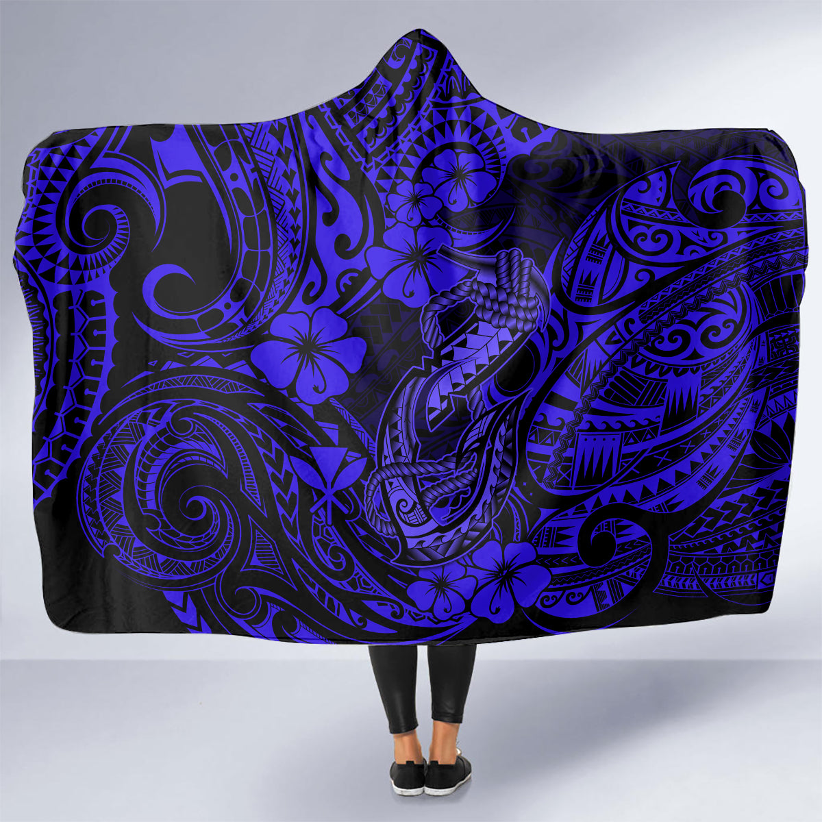 Hawaii Fish Hook Hooded Blanket Polynesian Pattern Navy Blue Version LT01 - Polynesian Pride