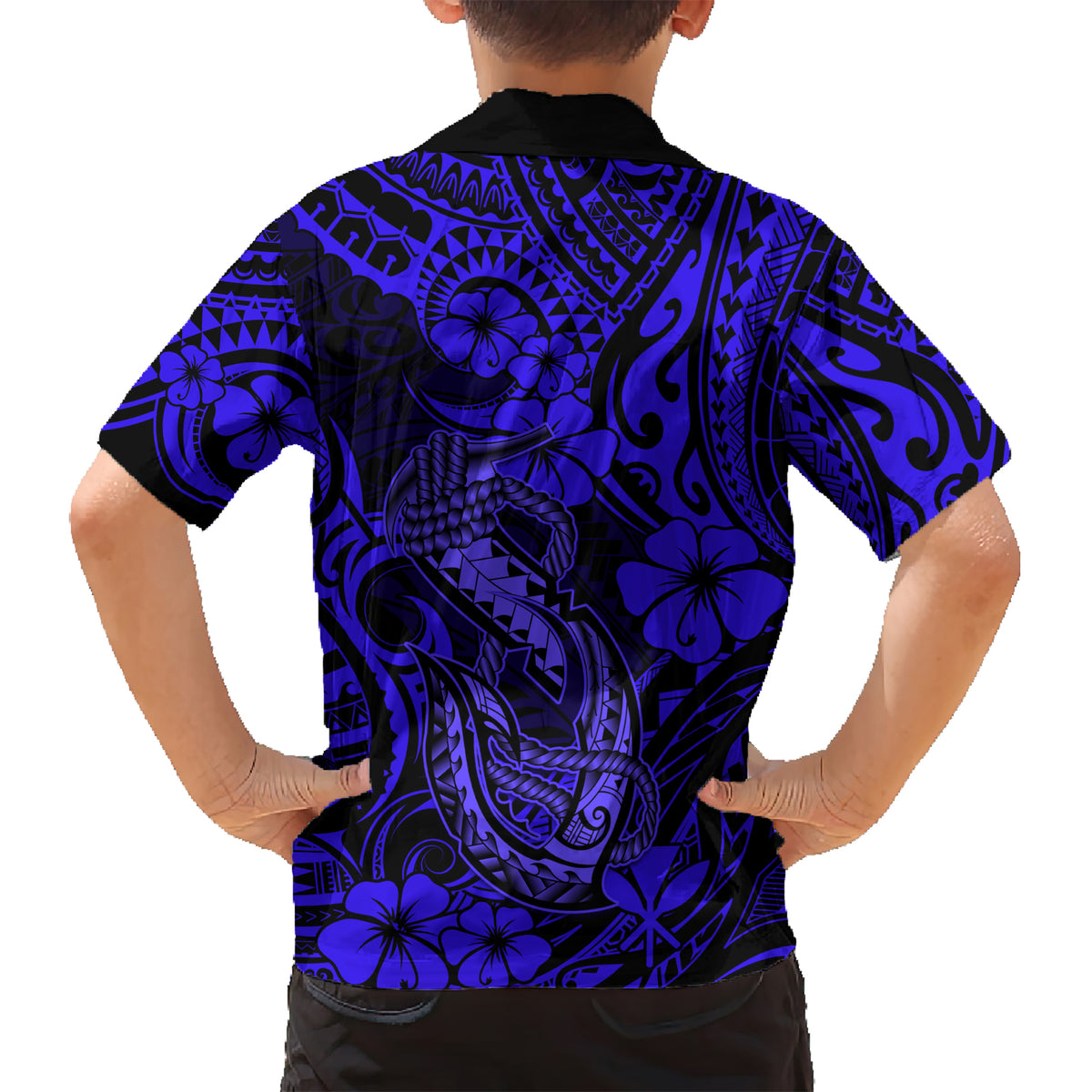 Hawaii Fish Hook Kid Hawaiian Shirt Polynesian Pattern Navy Blue Version LT01 - Polynesian Pride