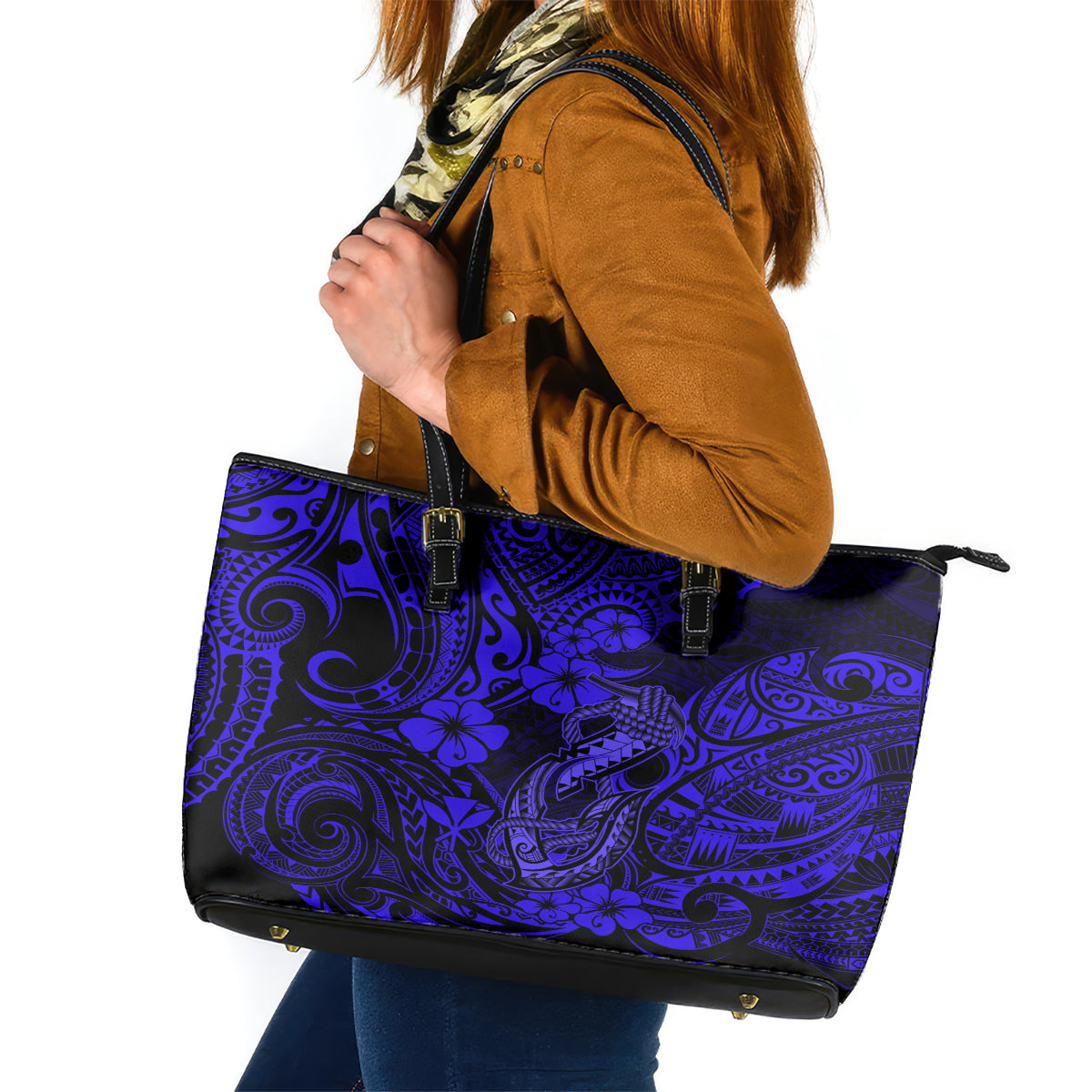 Hawaii Fish Hook Leather Tote Bag Polynesian Pattern Navy Blue Version LT01 Blue - Polynesian Pride