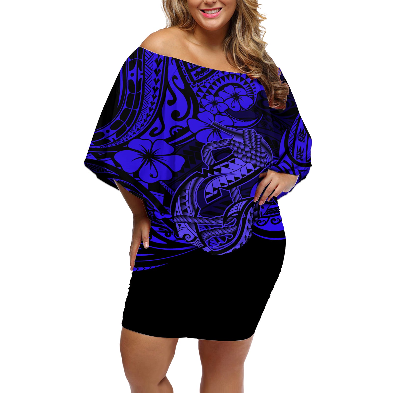 Hawaii Fish Hook Off Shoulder Short Dress Polynesian Pattern Navy Blue Version LT01 Women Blue - Polynesian Pride