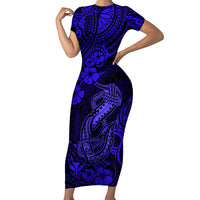 Hawaii Fish Hook Short Sleeve Bodycon Dress Polynesian Pattern Navy Blue Version LT01 Long Dress Blue - Polynesian Pride