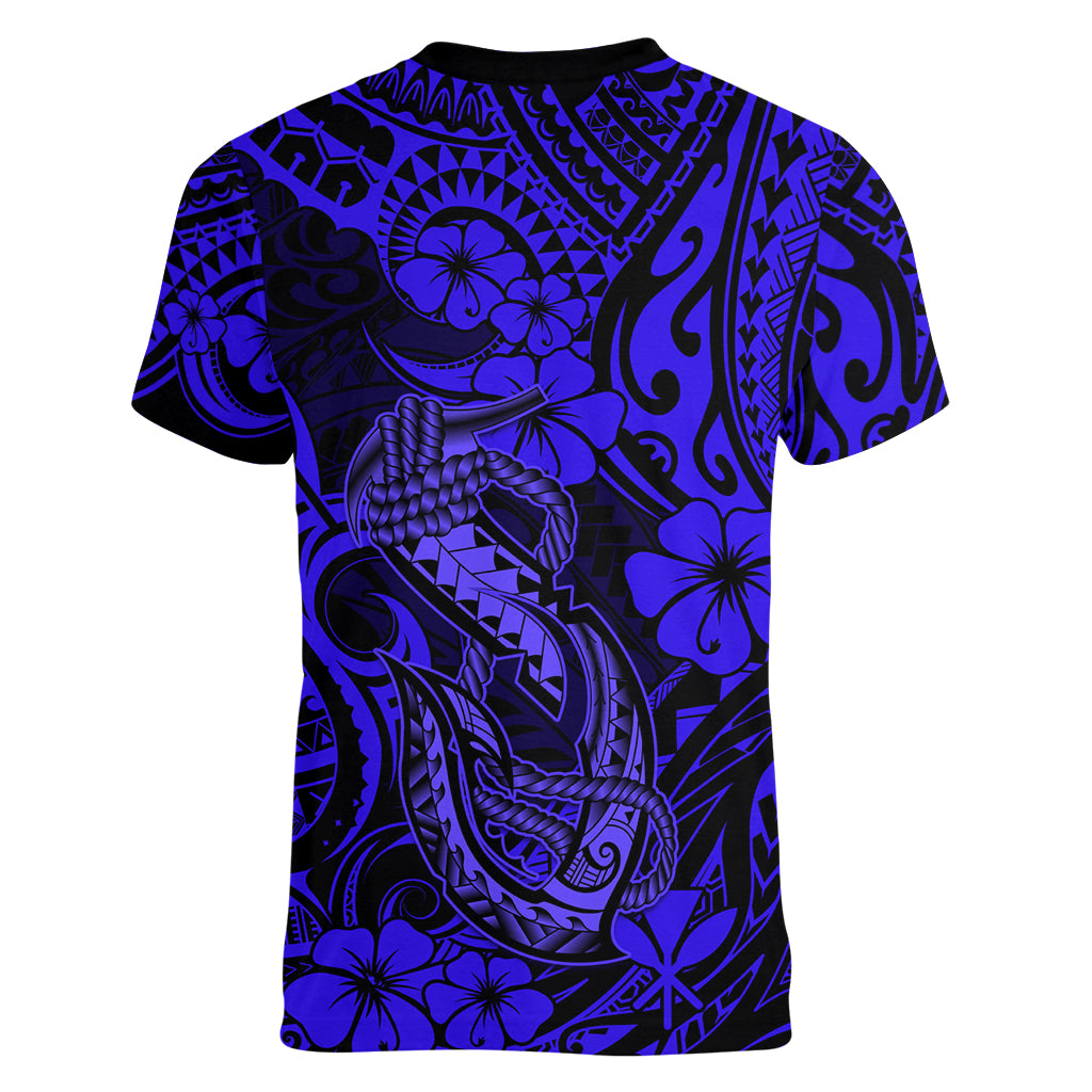 Hawaii Fish Hook Women V Neck T Shirt Polynesian Pattern Navy Blue Version LT01 - Polynesian Pride