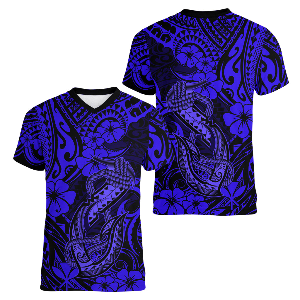 Hawaii Fish Hook Women V Neck T Shirt Polynesian Pattern Navy Blue Version LT01 - Polynesian Pride