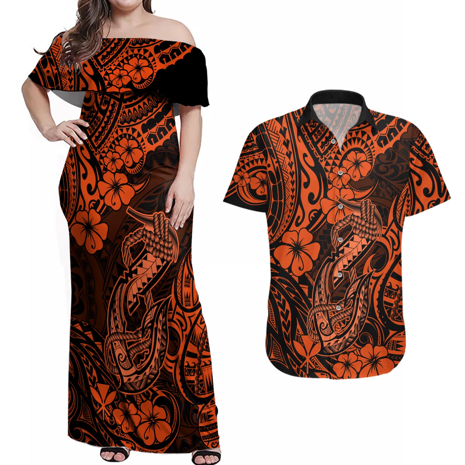 Hawaii Fish Hook Couples Matching Off Shoulder Maxi Dress and Hawaiian Shirt Polynesian Pattern Orange Version LT01 Orange - Polynesian Pride