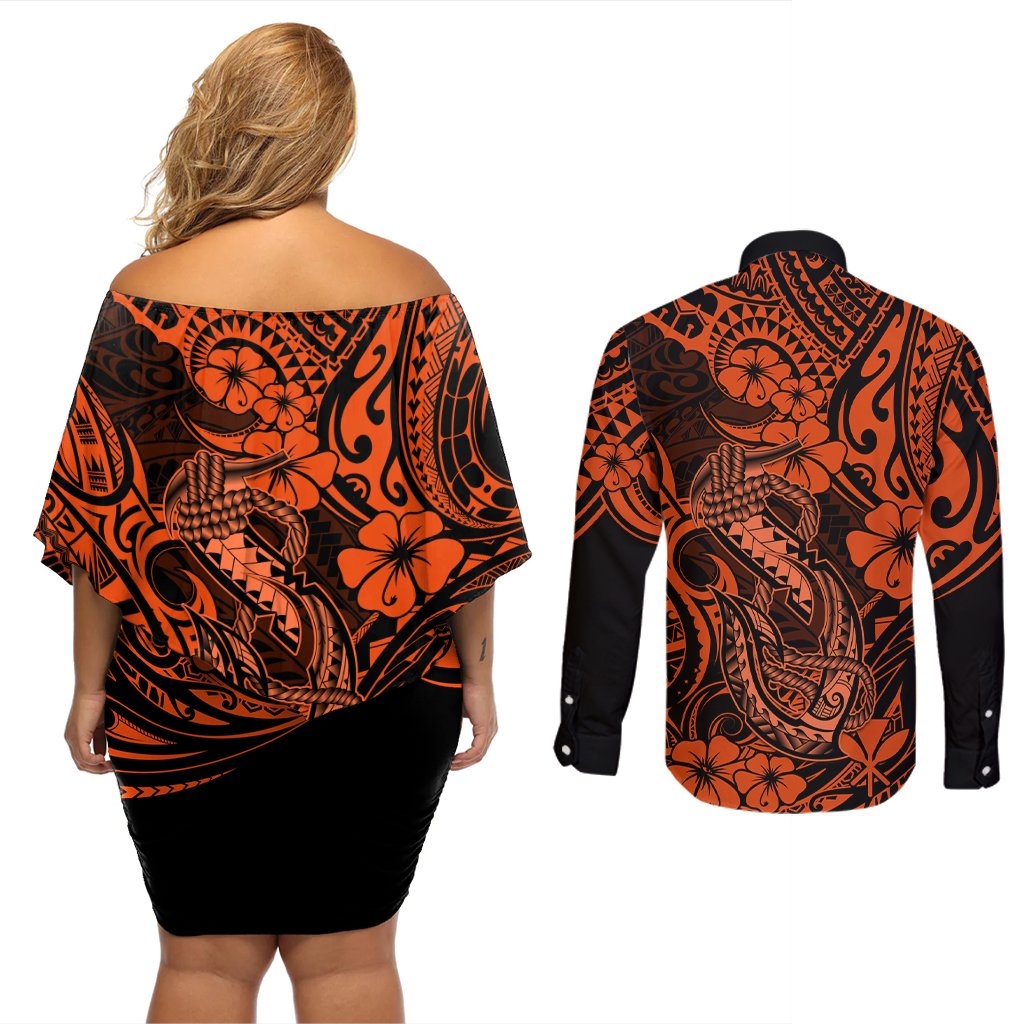Hawaii Fish Hook Couples Matching Off Shoulder Short Dress and Long Sleeve Button Shirts Polynesian Pattern Orange Version LT01 - Polynesian Pride