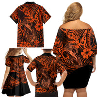 Hawaii Fish Hook Family Matching Off Shoulder Short Dress and Hawaiian Shirt Polynesian Pattern Orange Version LT01 - Polynesian Pride