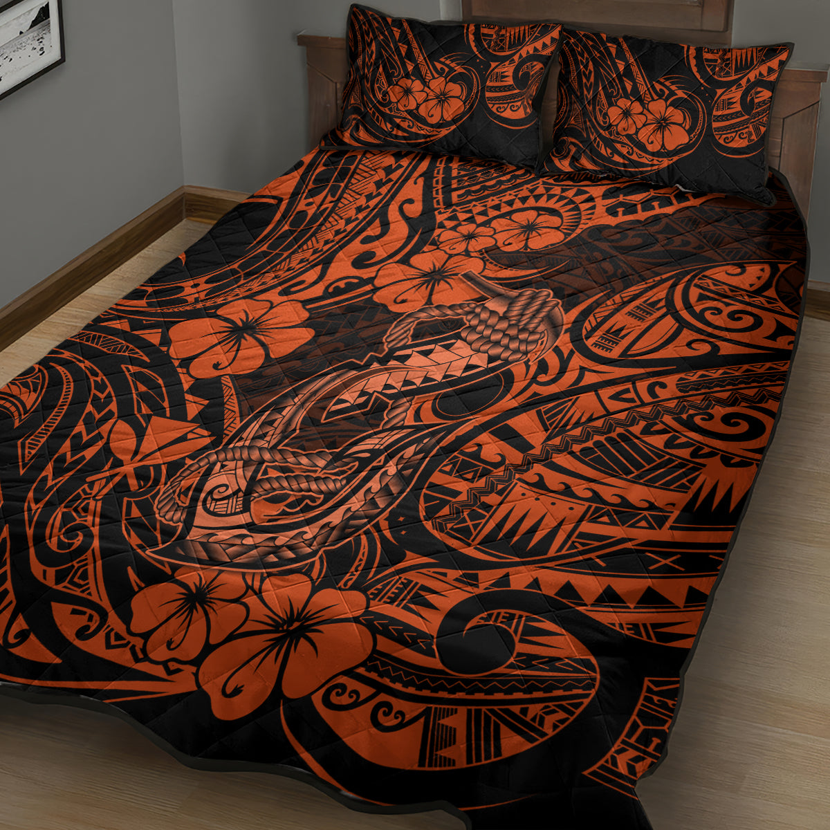 Hawaii Fish Hook Quilt Bed Set Polynesian Pattern Orange Version LT01